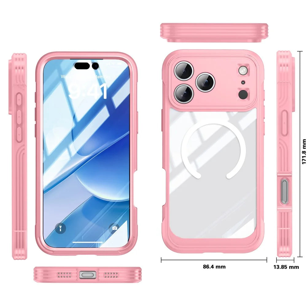 For iPhone 18 Pro Max / 17 Pro Max Case Compatible with MagSafe PC + TPU Phone Cover with Tempered Glass Screen Film - Pink - 5
