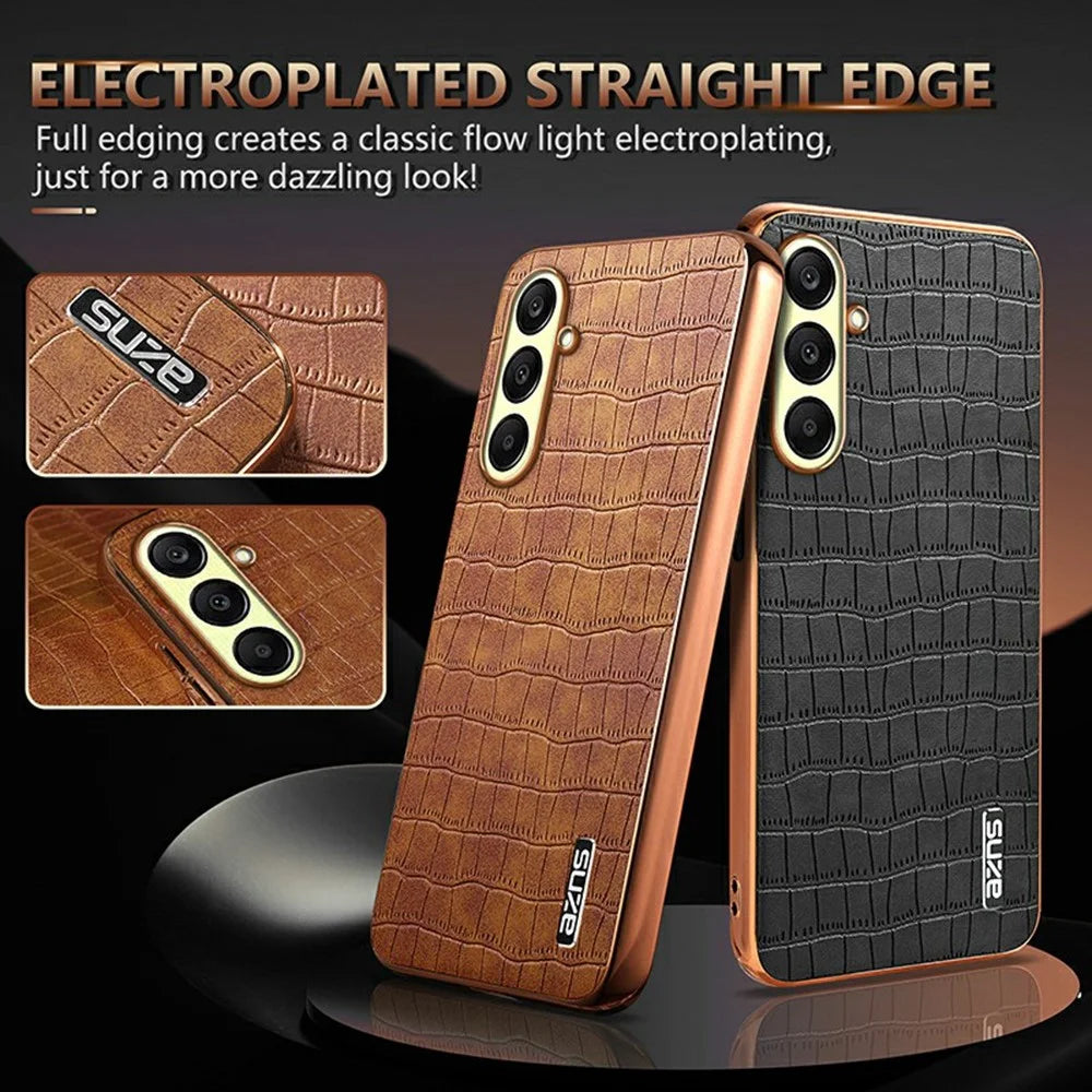 AZNS For Samsung Galaxy A18 5G / A18 4G / A17 5G / A17 4G / A26 5G Case Electroplating Crocodile Texture PU + TPU Phone Cover - Black - 3