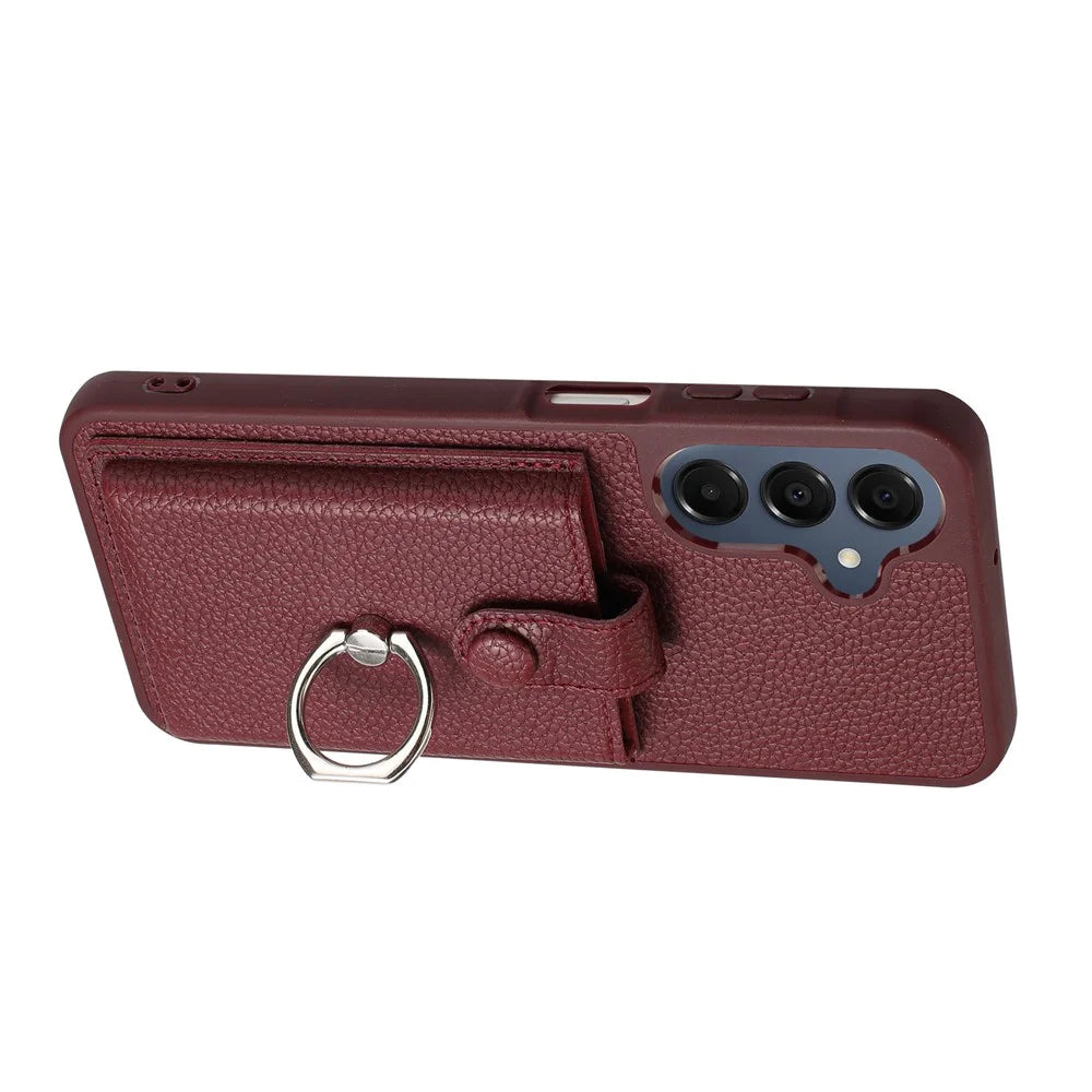 For Samsung Galaxy A18 5G / A18 4G / A17 5G / A17 4G / A26 5G Case with Ring Kickstand Drawing Type Card Slots Leather Back Cover - Wine Red - 3