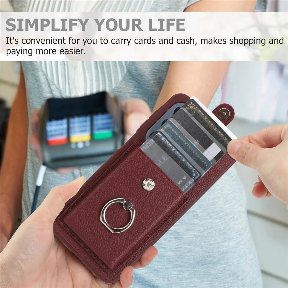 For Samsung Galaxy A18 5G / A18 4G / A17 5G / A17 4G / A26 5G Case with Ring Kickstand Drawing Type Card Slots Leather Back Cover - Wine Red - 5