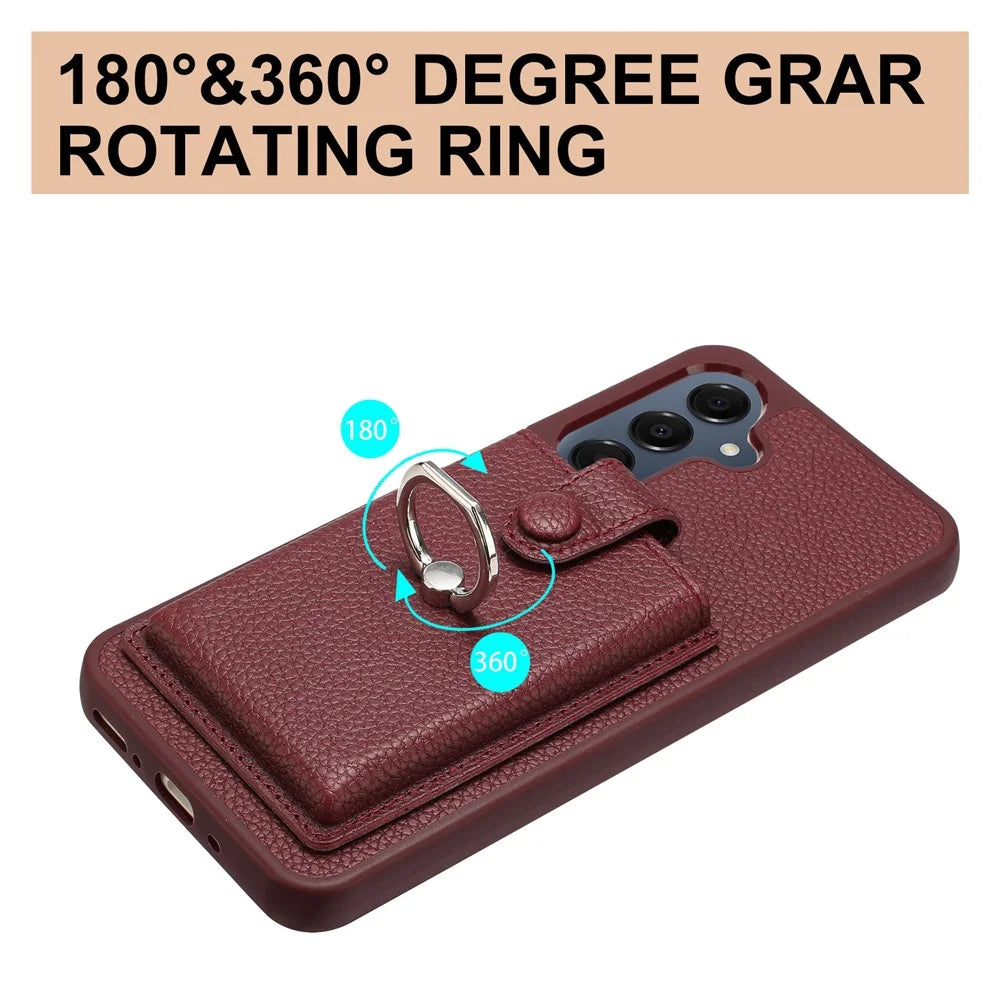 For Samsung Galaxy A18 5G / A18 4G / A17 5G / A17 4G / A26 5G Case with Ring Kickstand Drawing Type Card Slots Leather Back Cover - Wine Red - 6