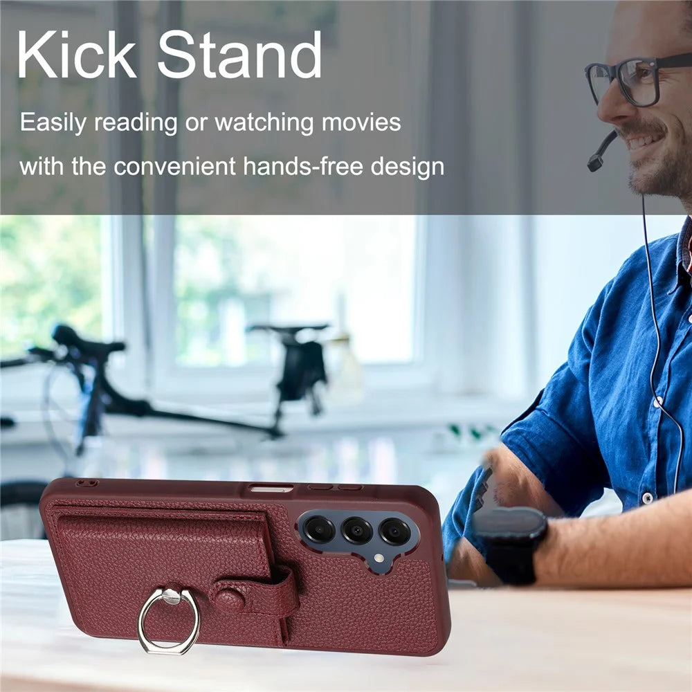 For Samsung Galaxy A18 5G / A18 4G / A17 5G / A17 4G / A26 5G Case with Ring Kickstand Drawing Type Card Slots Leather Back Cover - Wine Red - 7