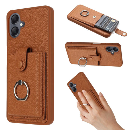 For Samsung Galaxy A08 5G / A08 4G / A07 4G / A06 4G / A06 5G Case with Ring Kickstand Drawing Type Card Slots Leather Back Cover - Brown - 1