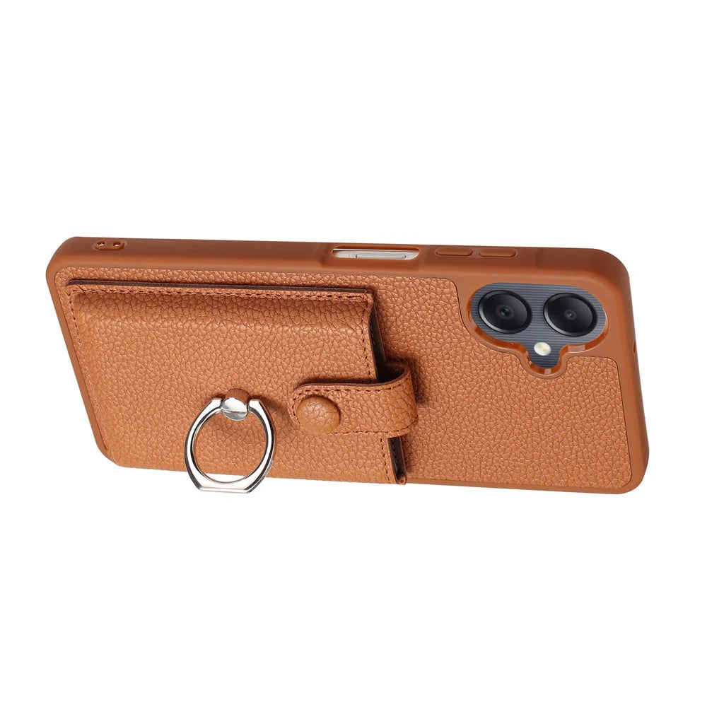 For Samsung Galaxy A08 5G / A08 4G / A07 4G / A06 4G / A06 5G Case with Ring Kickstand Drawing Type Card Slots Leather Back Cover - Brown - 3