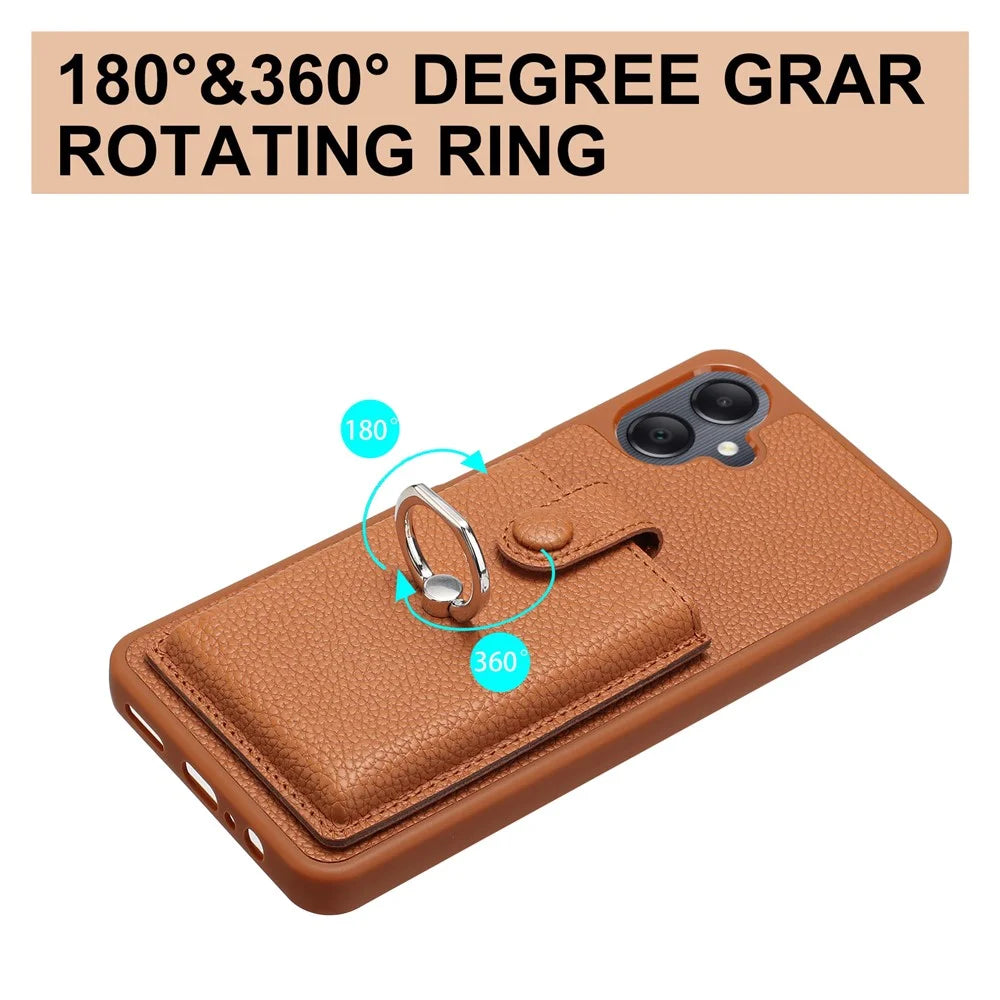 For Samsung Galaxy A08 5G / A08 4G / A07 4G / A06 4G / A06 5G Case with Ring Kickstand Drawing Type Card Slots Leather Back Cover - Brown - 4