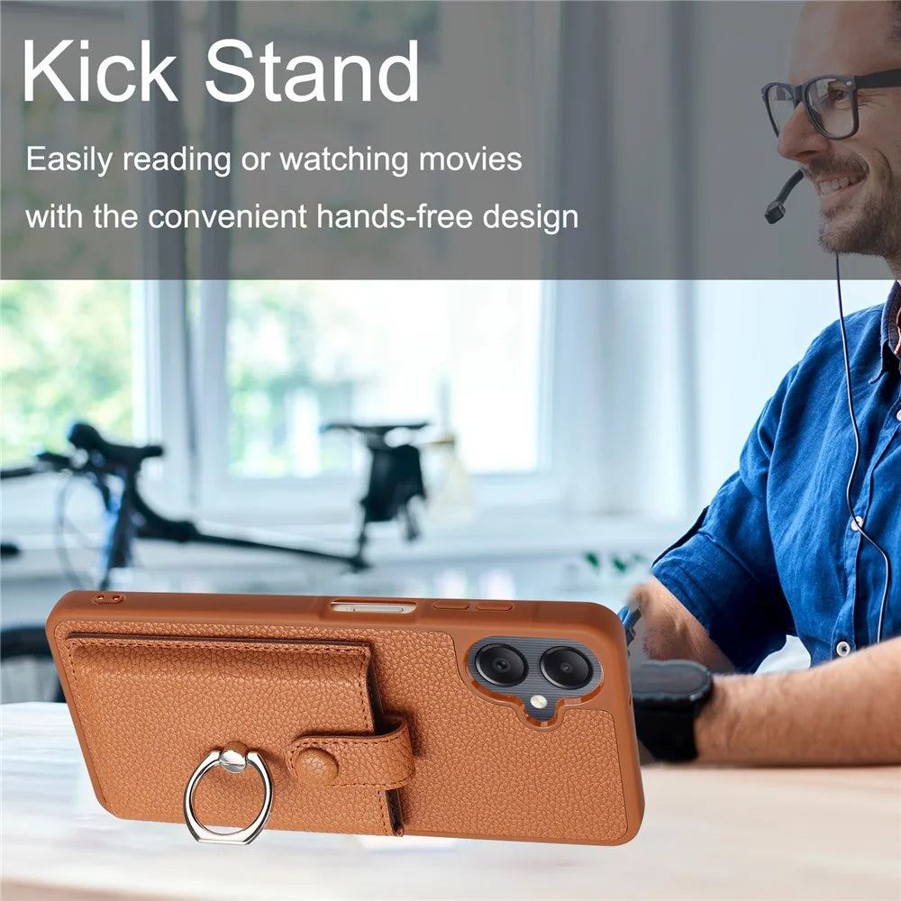 For Samsung Galaxy A08 5G / A08 4G / A07 4G / A06 4G / A06 5G Case with Ring Kickstand Drawing Type Card Slots Leather Back Cover - Brown - 5