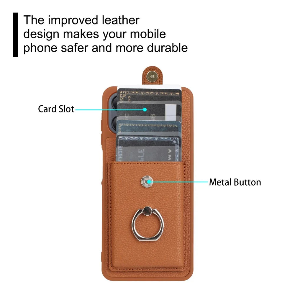 For Samsung Galaxy A08 5G / A08 4G / A07 4G / A06 4G / A06 5G Case with Ring Kickstand Drawing Type Card Slots Leather Back Cover - Brown - 6