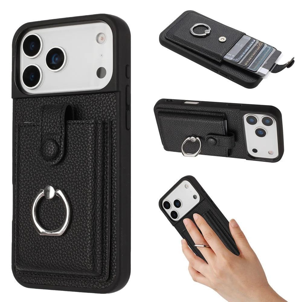 For iPhone 17 Pro Max Case with Ring Kickstand Drawing Type Card Slots Leather Back Cover - Black - 1