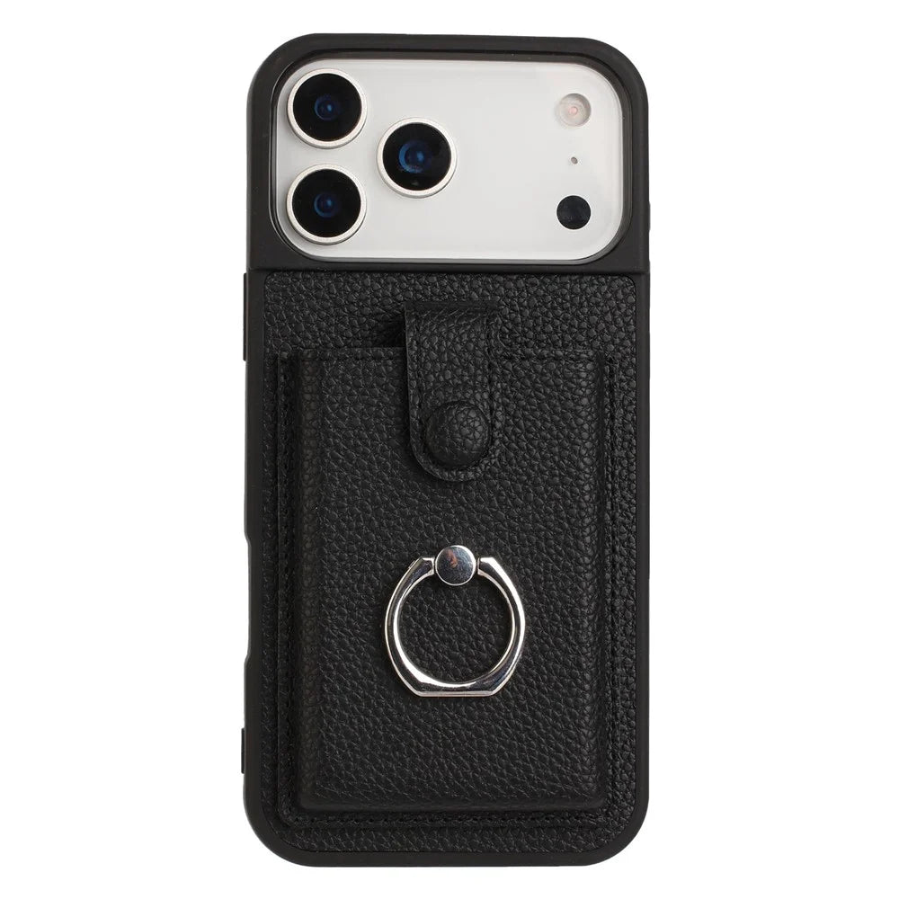 For iPhone 17 Pro Max Case with Ring Kickstand Drawing Type Card Slots Leather Back Cover - Black - 2