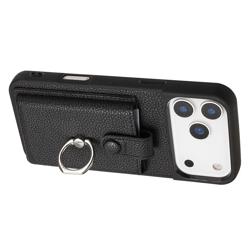 For iPhone 17 Pro Max Case with Ring Kickstand Drawing Type Card Slots Leather Back Cover - Black - 3