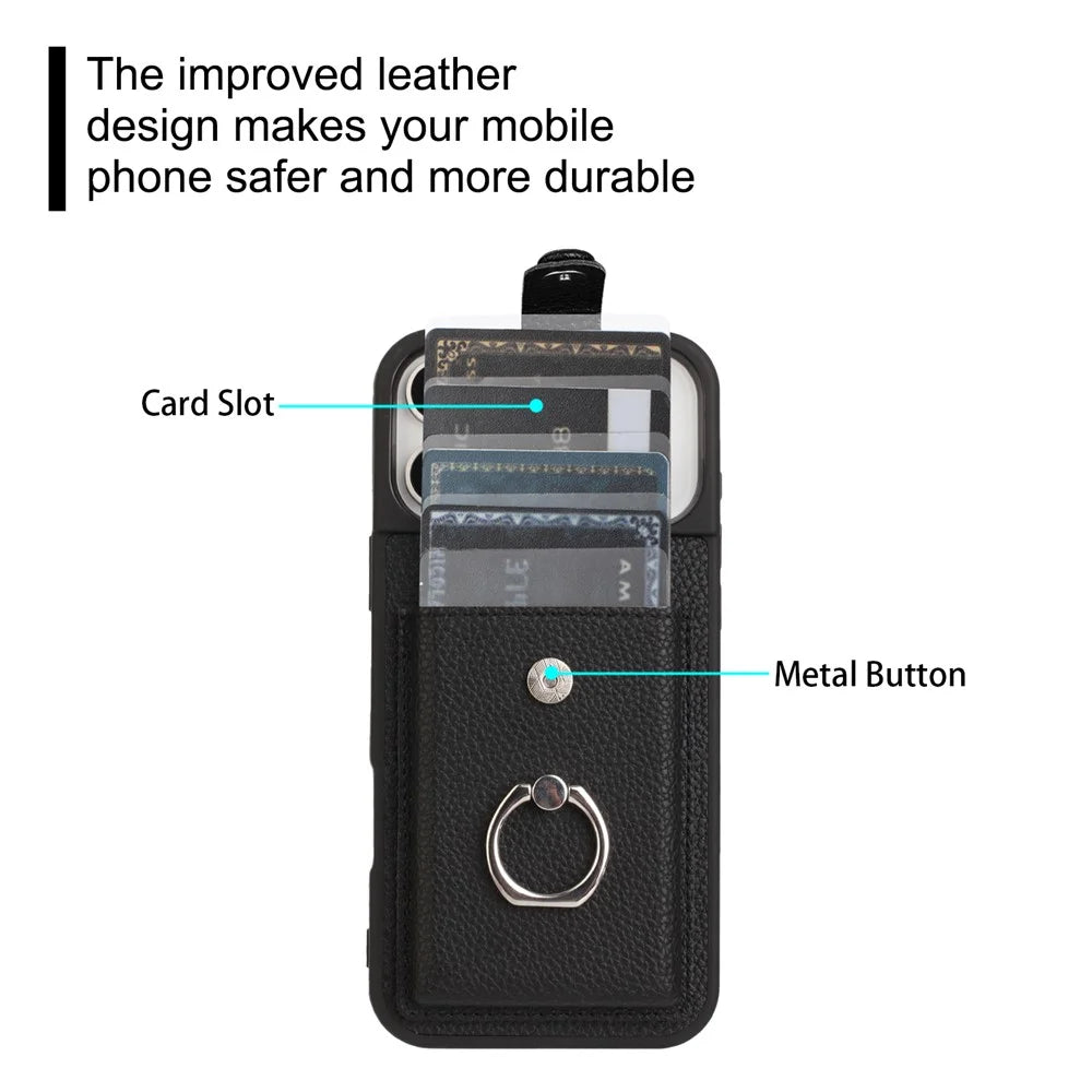 For iPhone 17 Pro Max Case with Ring Kickstand Drawing Type Card Slots Leather Back Cover - Black - 4