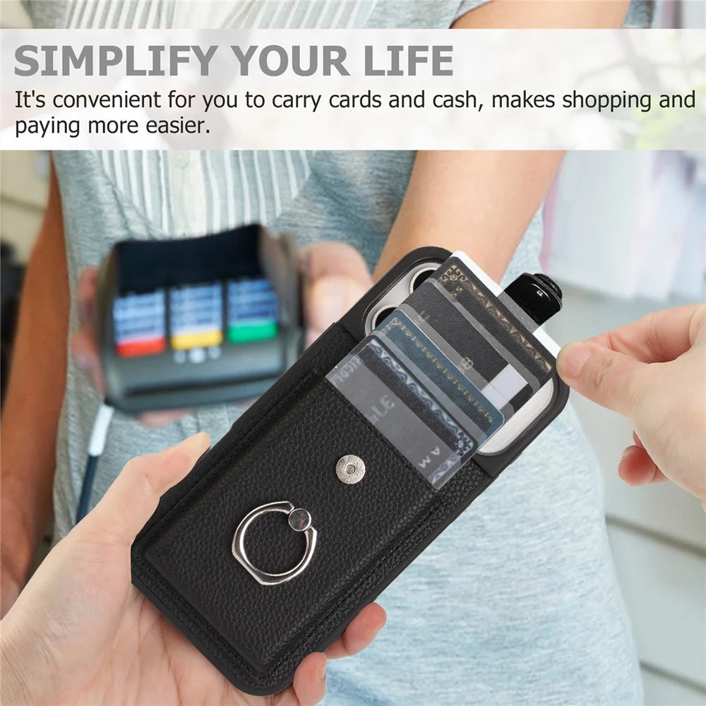 For iPhone 17 Pro Max Case with Ring Kickstand Drawing Type Card Slots Leather Back Cover - Black - 5