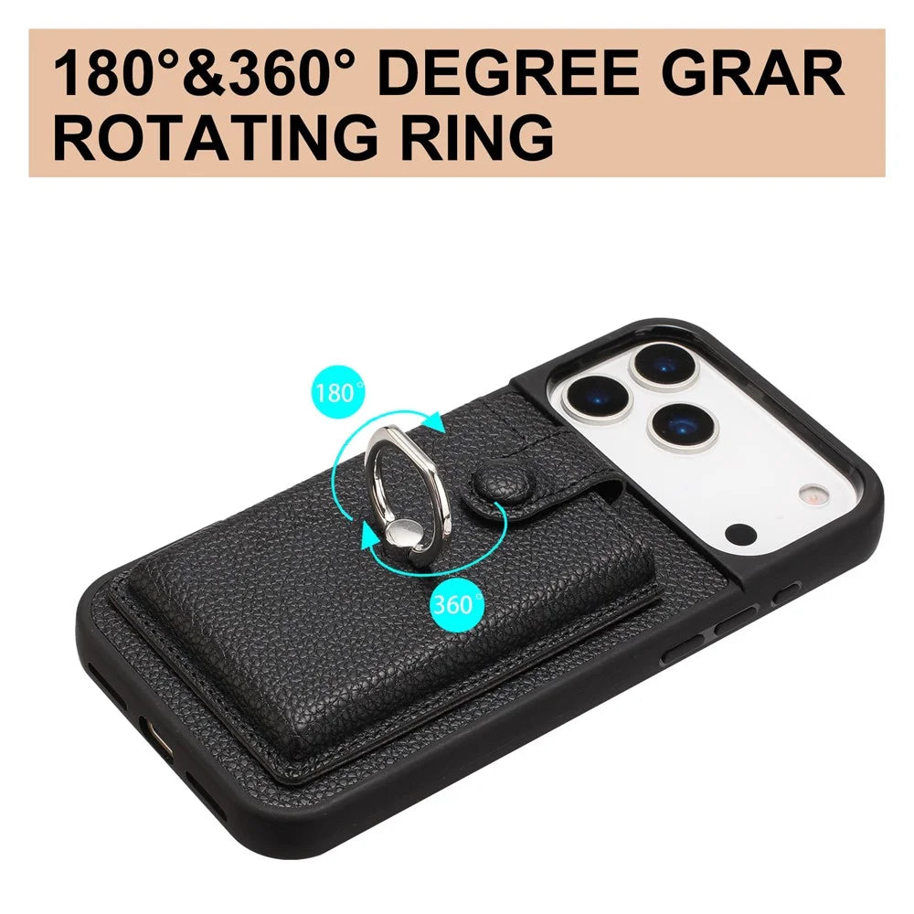 For iPhone 17 Pro Max Case with Ring Kickstand Drawing Type Card Slots Leather Back Cover - Black - 6