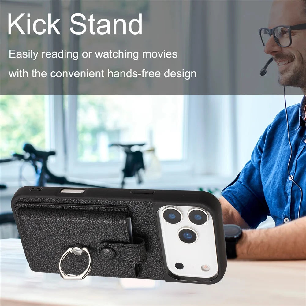For iPhone 17 Pro Max Case with Ring Kickstand Drawing Type Card Slots Leather Back Cover - Black - 7