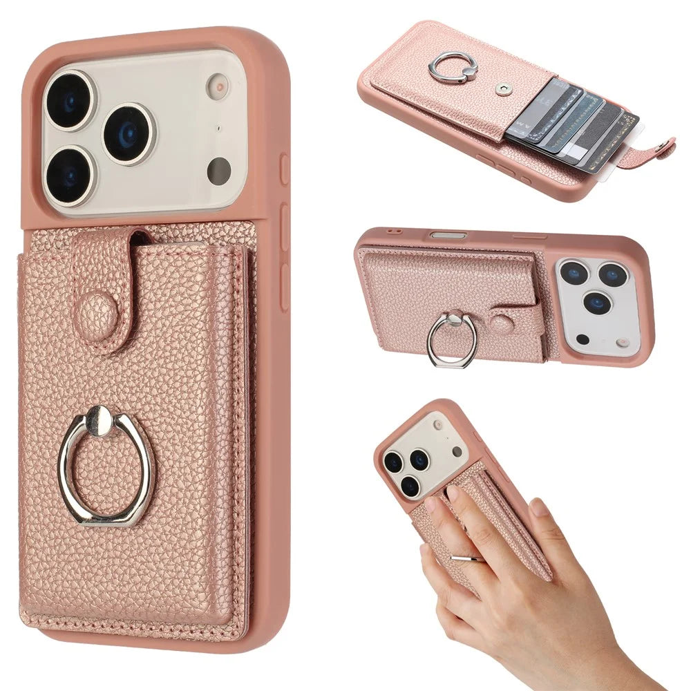 For iPhone 17 Pro Case with Ring Kickstand Drawing Type Card Slots Leather Back Cover - Rose Gold - 1