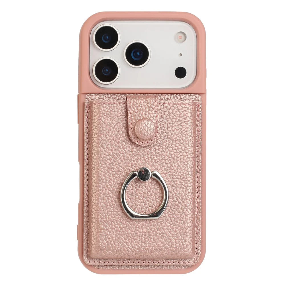 For iPhone 17 Pro Case with Ring Kickstand Drawing Type Card Slots Leather Back Cover - Rose Gold - 2