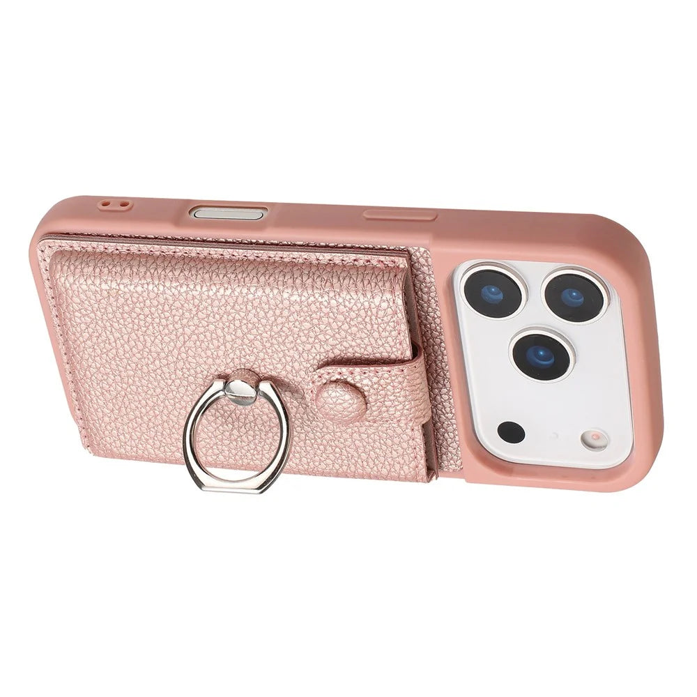 For iPhone 17 Pro Case with Ring Kickstand Drawing Type Card Slots Leather Back Cover - Rose Gold - 3