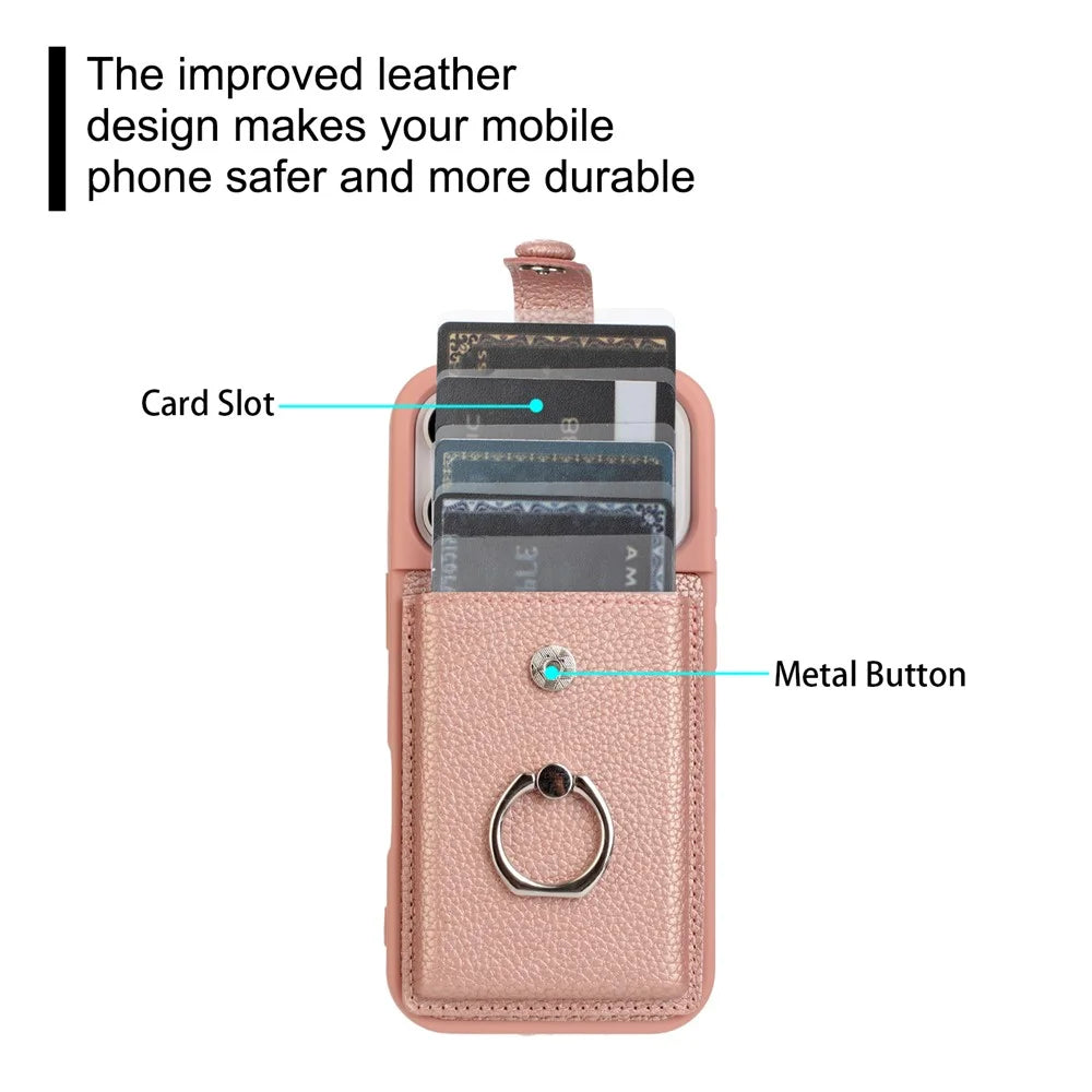 For iPhone 17 Pro Case with Ring Kickstand Drawing Type Card Slots Leather Back Cover - Rose Gold - 4