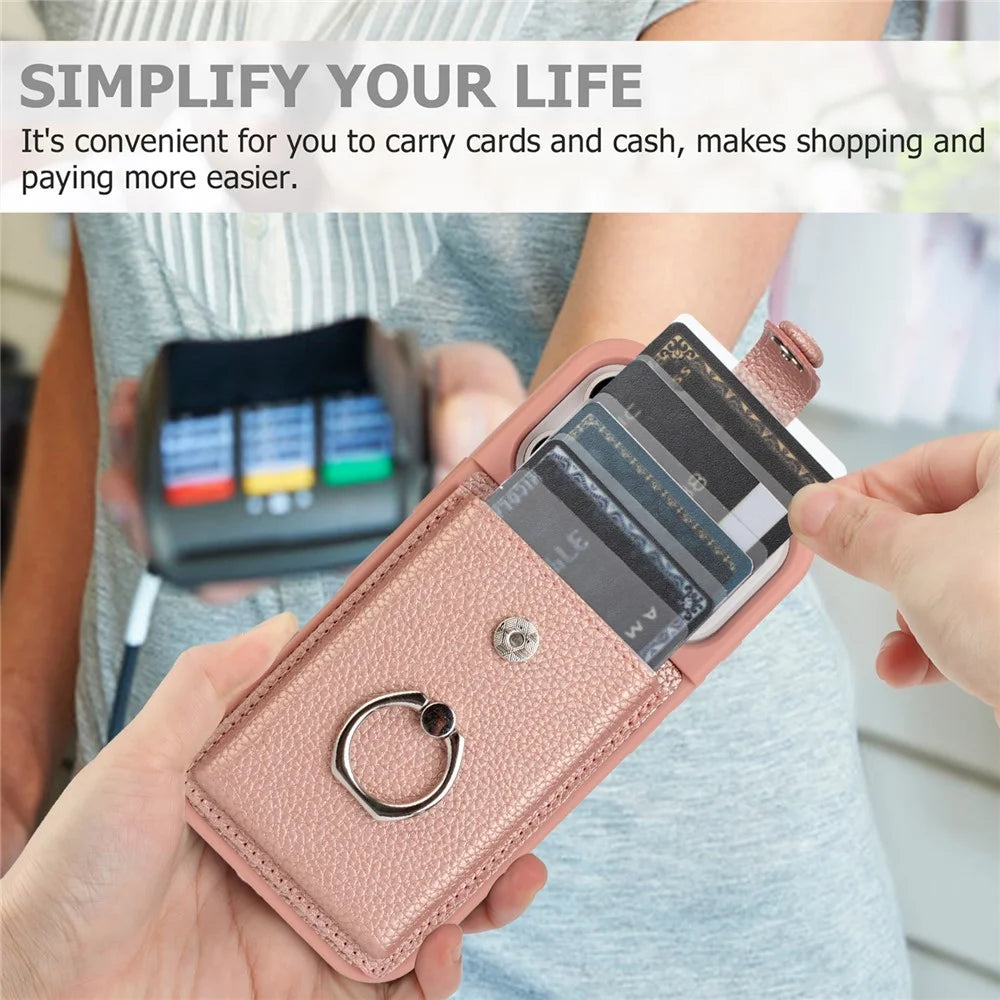 For iPhone 17 Pro Case with Ring Kickstand Drawing Type Card Slots Leather Back Cover - Rose Gold - 5