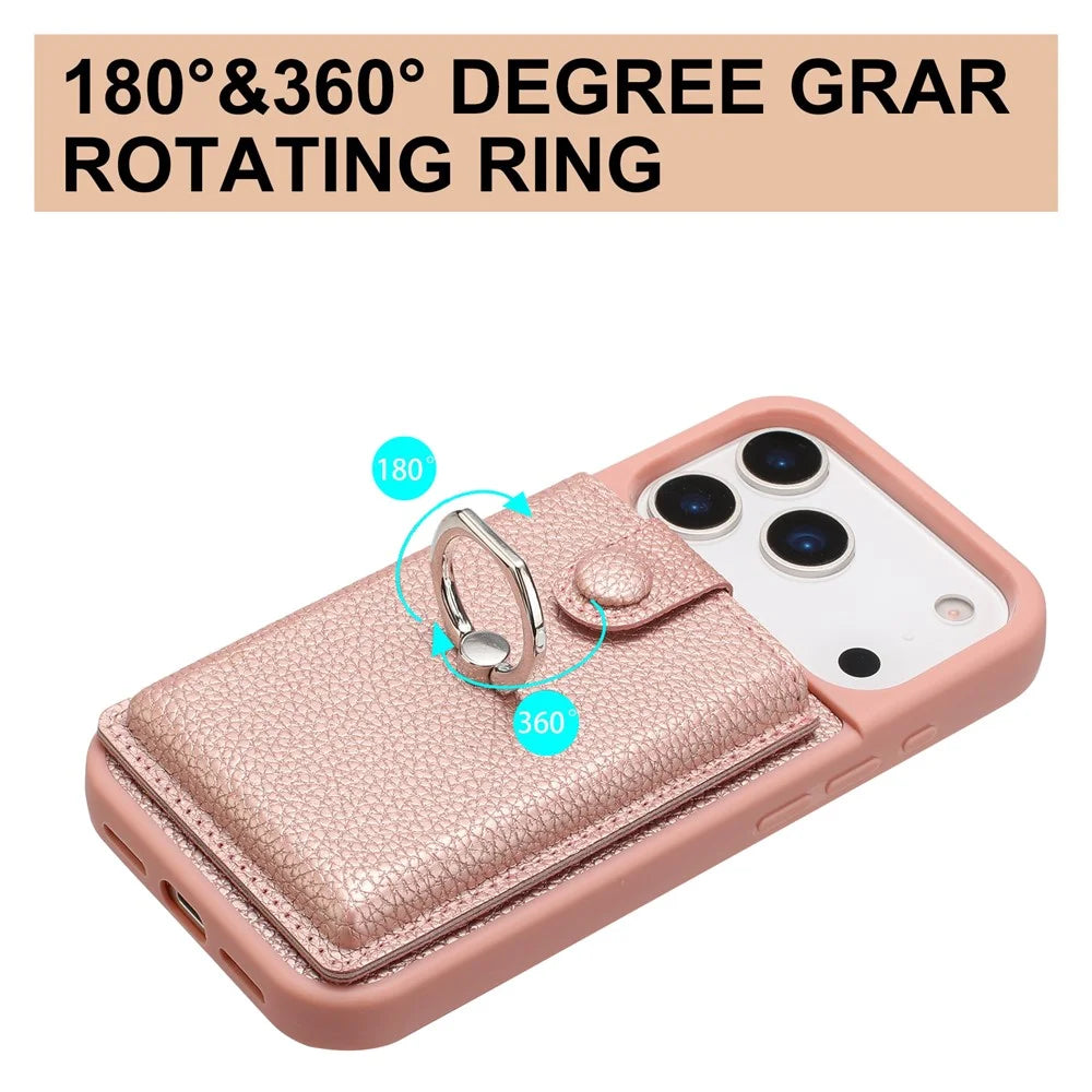 For iPhone 17 Pro Case with Ring Kickstand Drawing Type Card Slots Leather Back Cover - Rose Gold - 6