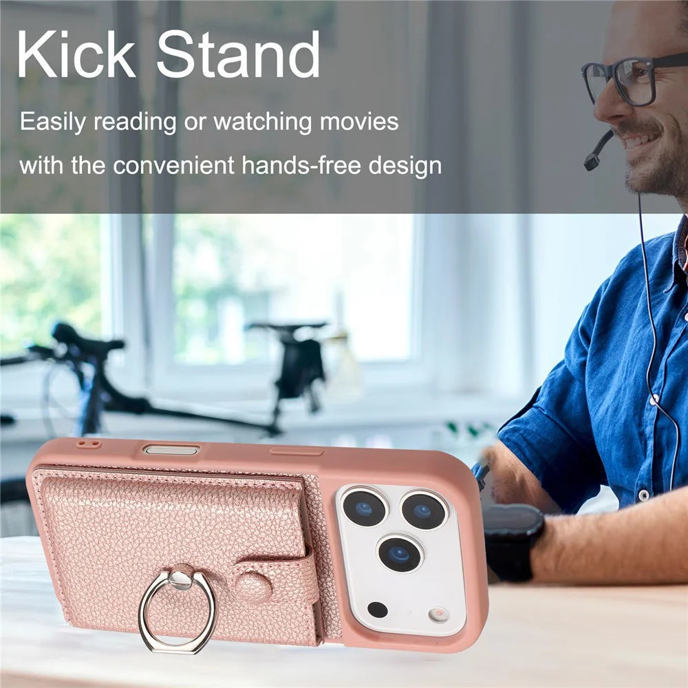 For iPhone 17 Pro Case with Ring Kickstand Drawing Type Card Slots Leather Back Cover - Rose Gold - 7