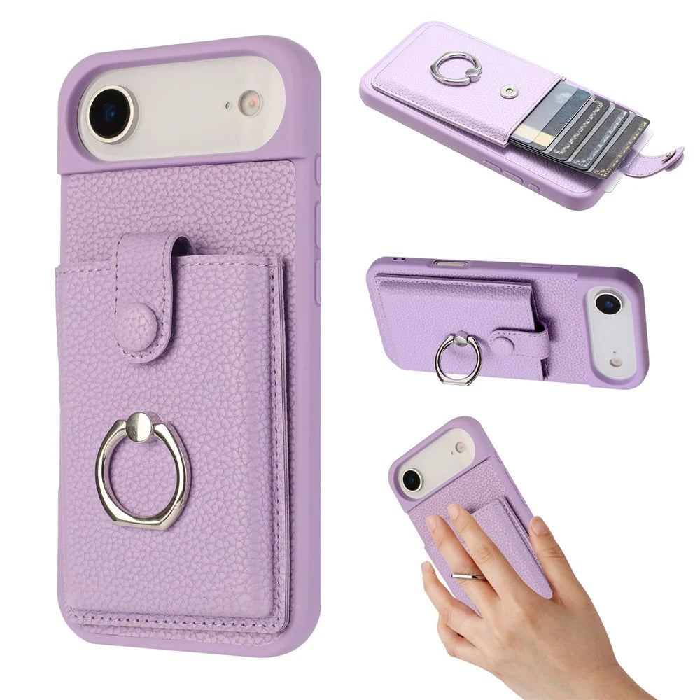 For iPhone Air Case with Ring Kickstand Drawing Type Card Slots Leather Back Cover - Purple - 1
