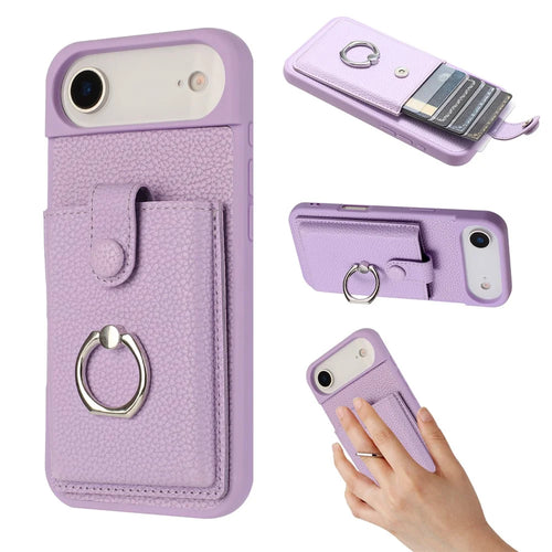 For iPhone Air Case with Ring Kickstand Drawing Type Card Slots Leather Back Cover - Purple - 1