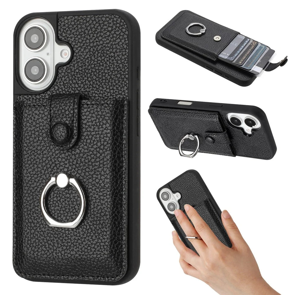 For iPhone 17 Case with Ring Kickstand Drawing Type Card Slots Leather Back Cover - Black - 1