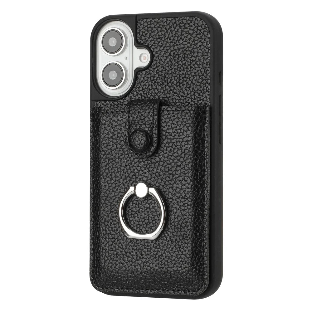 For iPhone 17 Case with Ring Kickstand Drawing Type Card Slots Leather Back Cover - Black - 2