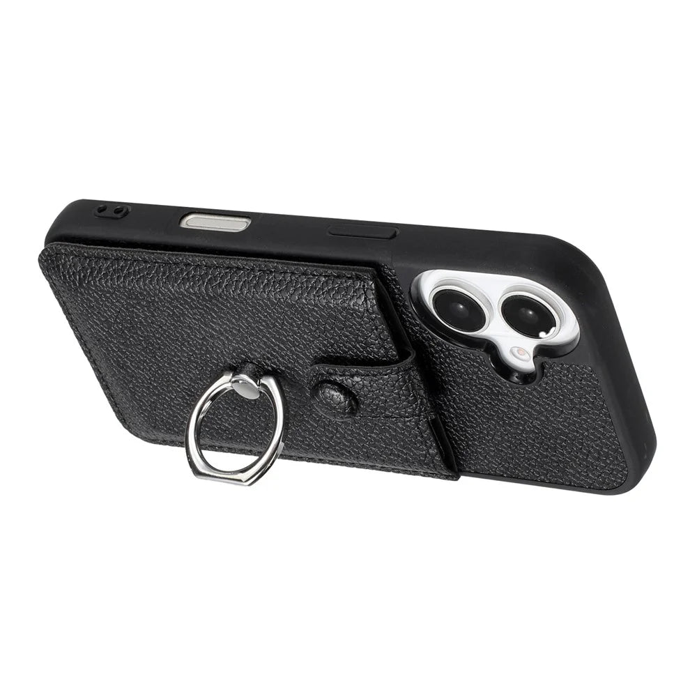 For iPhone 17 Case with Ring Kickstand Drawing Type Card Slots Leather Back Cover - Black - 3
