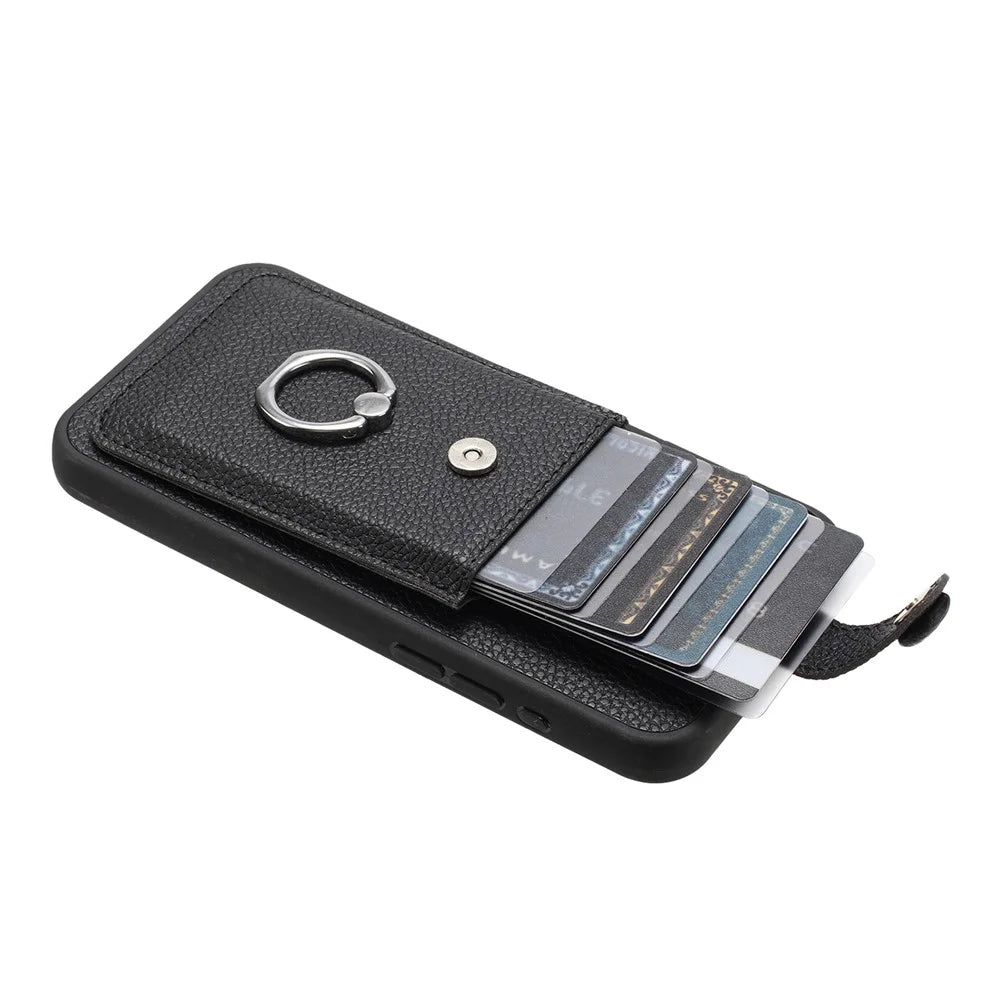 For iPhone 17 Case with Ring Kickstand Drawing Type Card Slots Leather Back Cover - Black - 4
