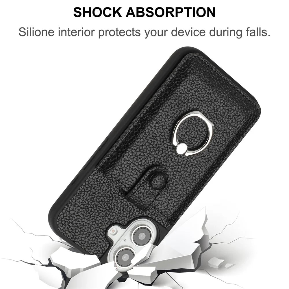 For iPhone 17 Case with Ring Kickstand Drawing Type Card Slots Leather Back Cover - Black - 5