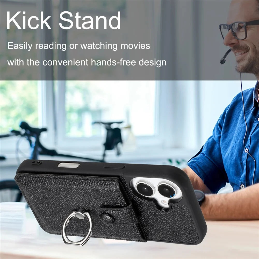 For iPhone 17 Case with Ring Kickstand Drawing Type Card Slots Leather Back Cover - Black - 6