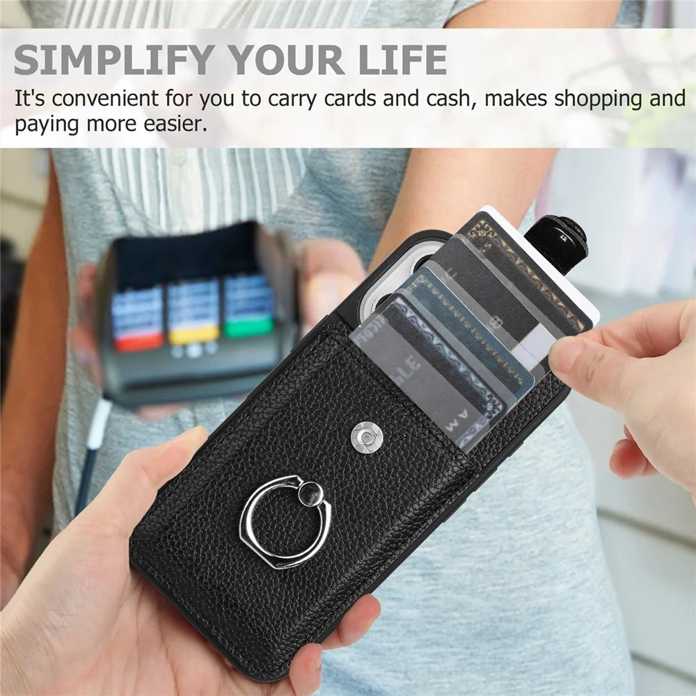 For iPhone 17 Case with Ring Kickstand Drawing Type Card Slots Leather Back Cover - Black - 7