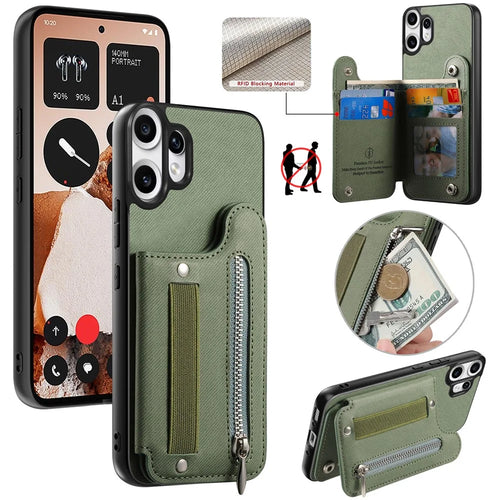 For Nothing CMF Phone 2 Pro Case RFID Blocking Card Holder Jeans Cloth Texture Leather Back Cover with Elastic Wristband - Green - 1