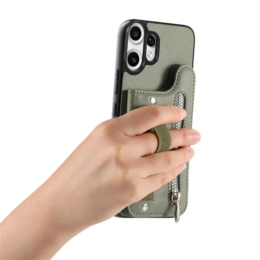 For Nothing CMF Phone 2 Pro Case RFID Blocking Card Holder Jeans Cloth Texture Leather Back Cover with Elastic Wristband - Green - 4