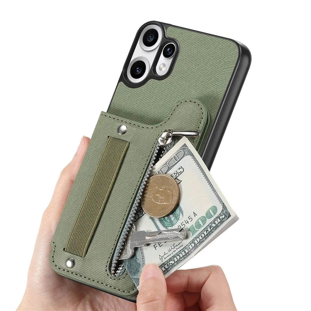 For Nothing CMF Phone 2 Pro Case RFID Blocking Card Holder Jeans Cloth Texture Leather Back Cover with Elastic Wristband - Green - 5