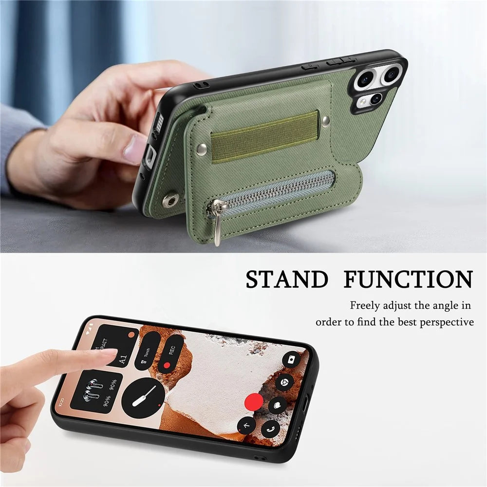 For Nothing CMF Phone 2 Pro Case RFID Blocking Card Holder Jeans Cloth Texture Leather Back Cover with Elastic Wristband - Green - 7