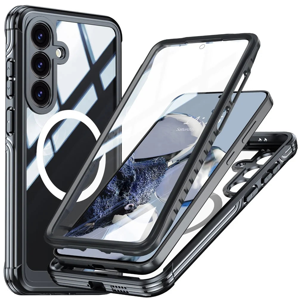 For Samsung Galaxy S25 FE Magnetic Case PC + TPU Phone Cover with Tempered Glass Screen Film - Black - 1