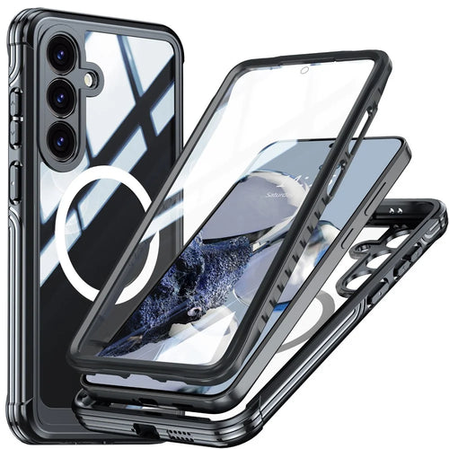 For Samsung Galaxy S25 FE Magnetic Case PC + TPU Phone Cover with Tempered Glass Screen Film - Black - 1