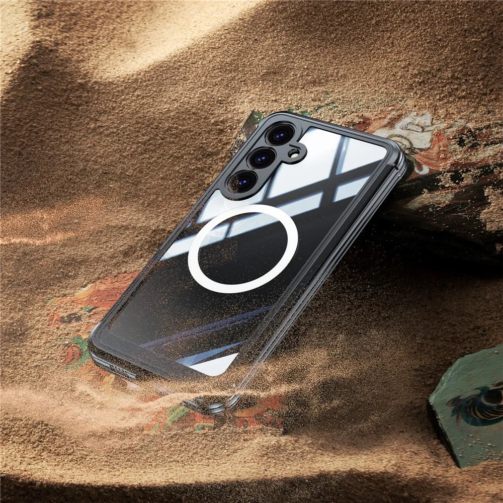 For Samsung Galaxy S25 FE Magnetic Case PC + TPU Phone Cover with Tempered Glass Screen Film - Black - 6
