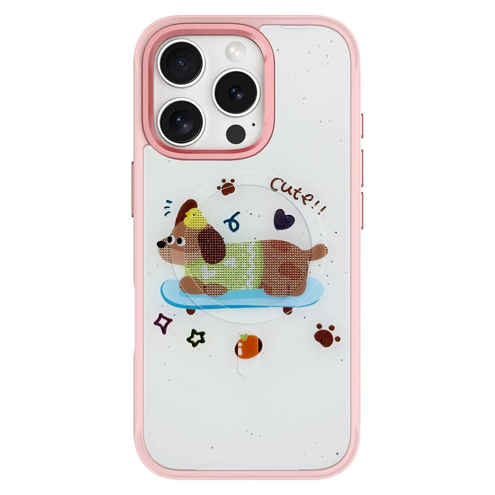 For iPhone 16 Pro Max Magnetic Case TPU PC Phone Cover with Skateboarding Dachshund Backplate - Pink - 1