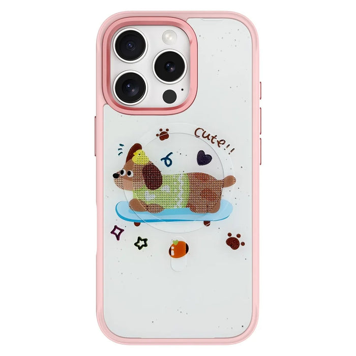 For iPhone 16 Pro Max Magnetic Case TPU PC Phone Cover with Skateboarding Dachshund Backplate - Pink - 1