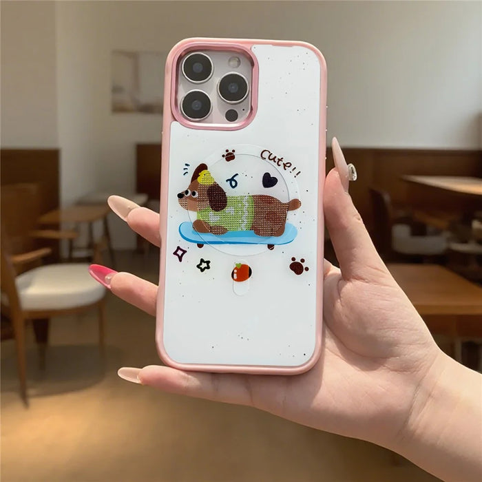 For iPhone 16 Pro Max Magnetic Case TPU PC Phone Cover with Skateboarding Dachshund Backplate - Pink - 3