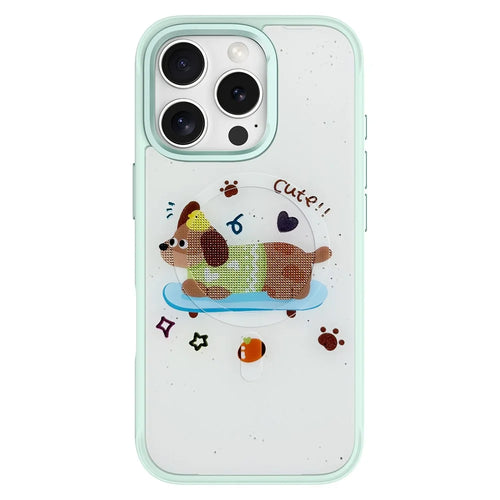 For iPhone 16 Pro Magnetic Case TPU PC Phone Cover with Skateboarding Dachshund Backplate - Green - 1