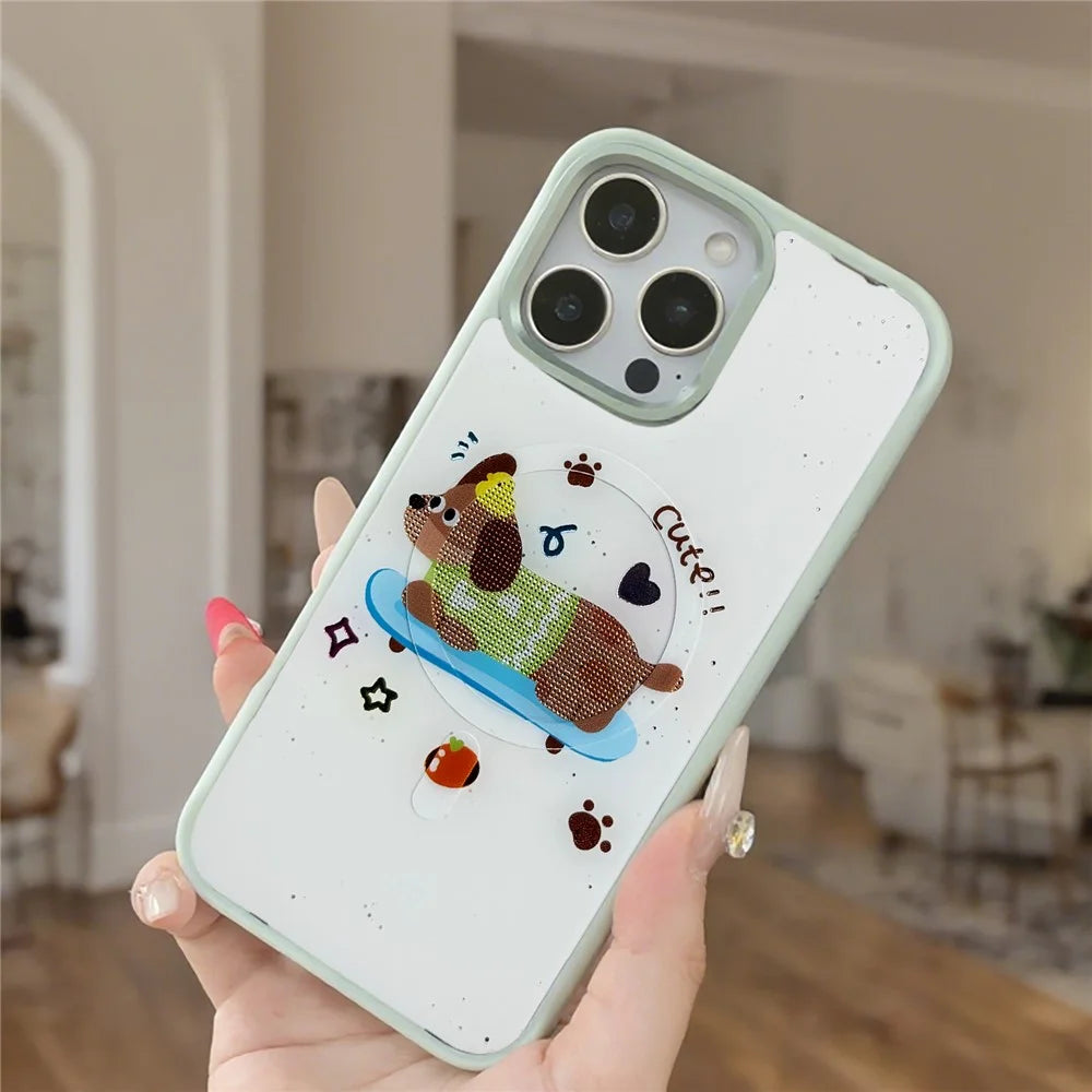 For iPhone 16 Pro Magnetic Case TPU PC Phone Cover with Skateboarding Dachshund Backplate - Green - 3