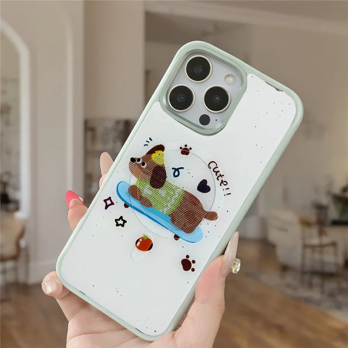 For iPhone 16 Pro Magnetic Case TPU PC Phone Cover with Skateboarding Dachshund Backplate - Green - 3