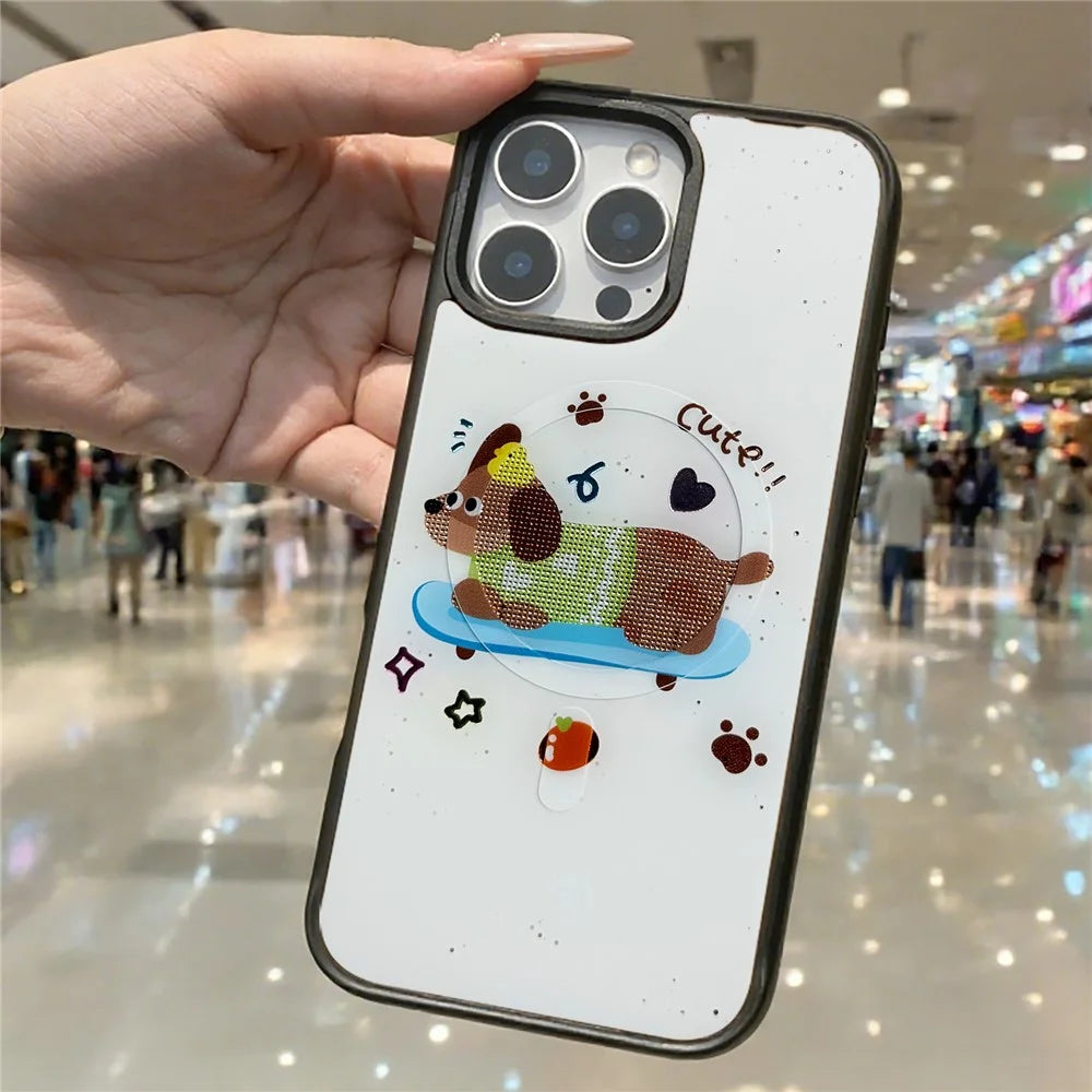 For iPhone 16 Pro Magnetic Case TPU PC Phone Cover with Skateboarding Dachshund Backplate - Green - 6