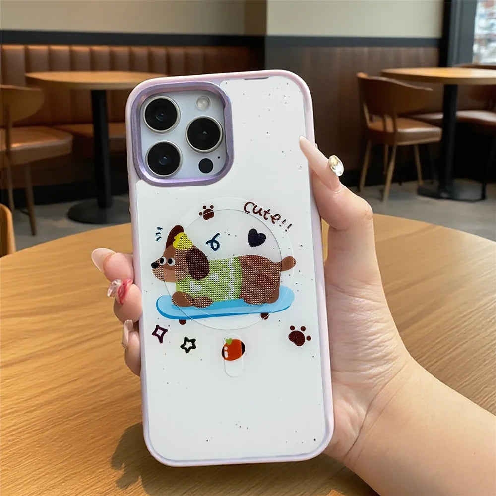 For iPhone 16 Pro Magnetic Case TPU PC Phone Cover with Skateboarding Dachshund Backplate - Green - 7