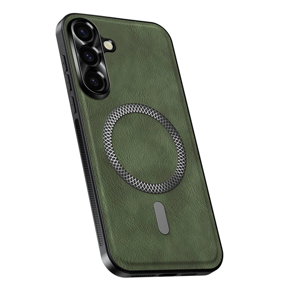 For Samsung Galaxy A56 5G Magnetic Case PU TPU PC Phone Back Cover with Metal Lens Frame - Green - 1